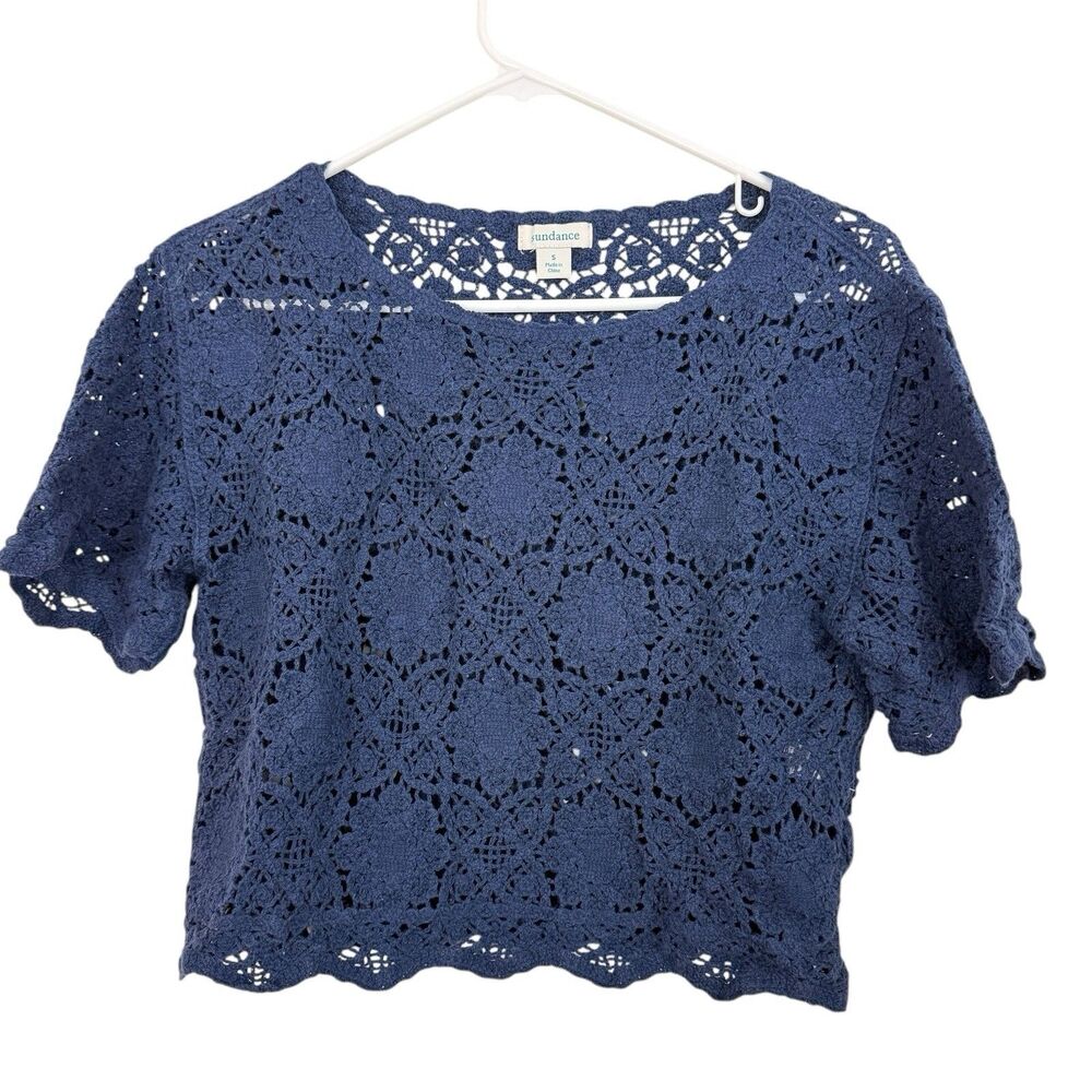 Sundance Crocheted Crop Top Sz Small Short Sleeve Navy Blue Cotton Grannycore